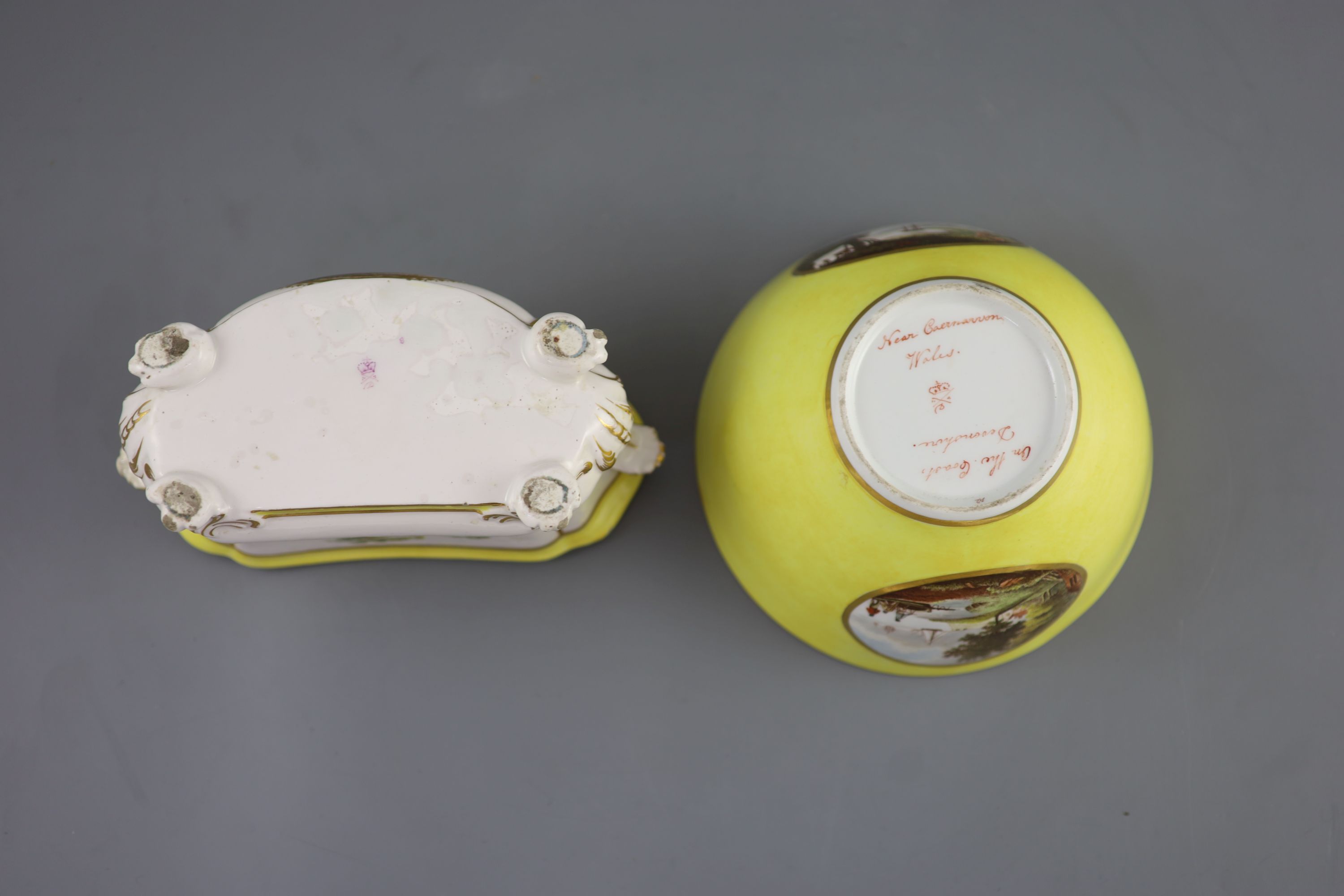 A Derby yellow ground topographical slops bowl and a similar bough pot, c.1790-1800, 19.5 cm wide